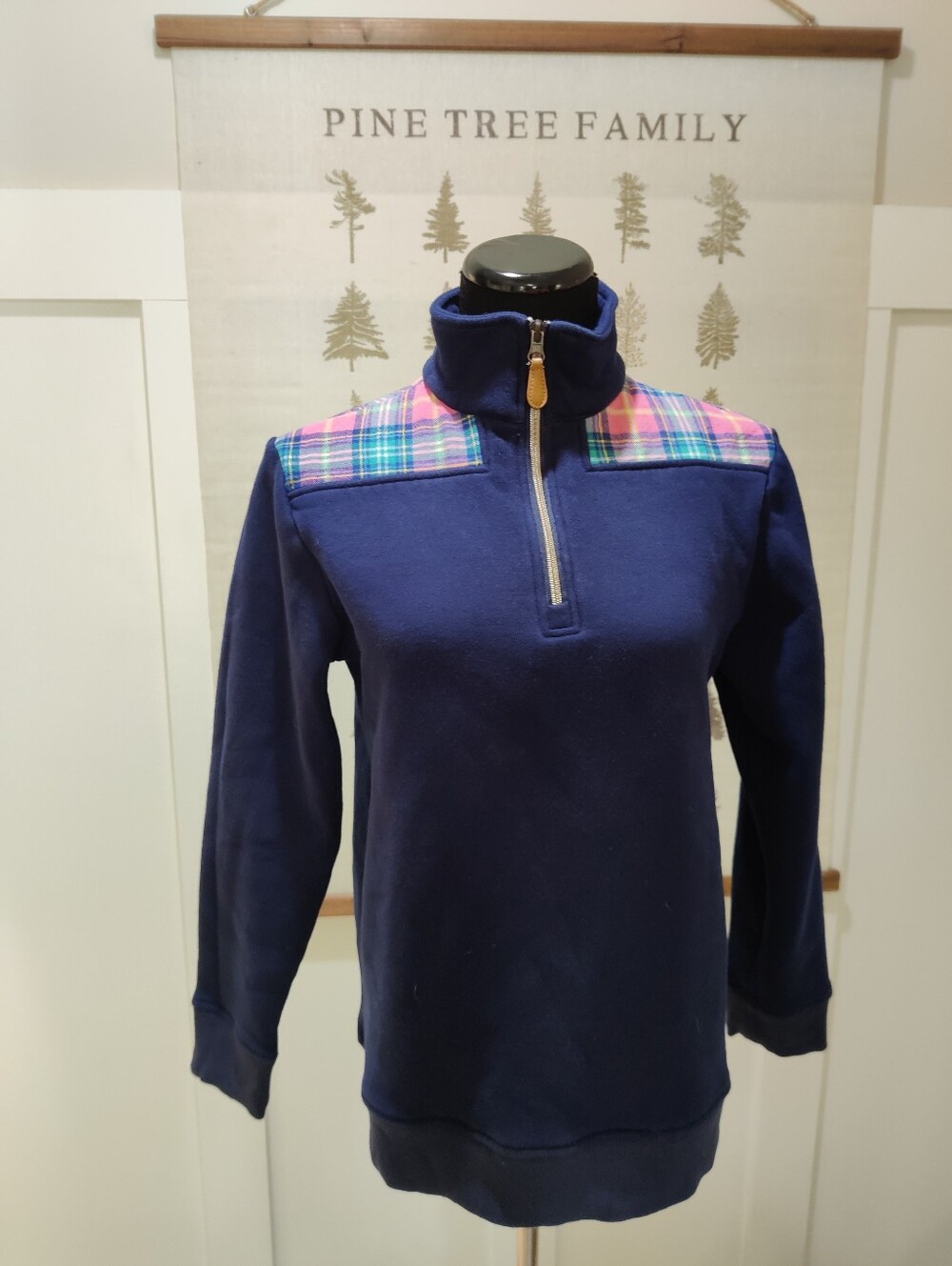 Pink Navy Blue Plaid Yoke Fleece Lined Quarter Zip Pullover Sweatshirt S